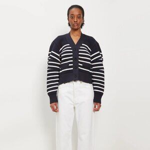 Sacai Horizontal Stripe Knit Cardigan in Navy, size Small